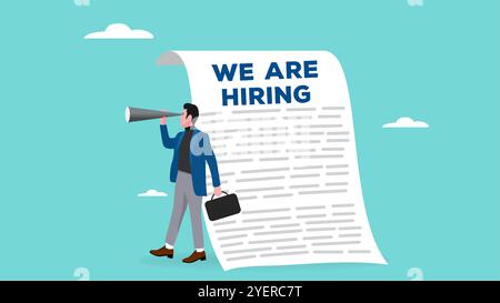 appartement nous embauchons illustration avec le concept d'un homme d'affaires qui est à la recherche d'employés pour son entreprise, recrutement d'emploi avec affiche Illustration de Vecteur
