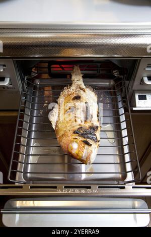 Vivaneau à cuire sur une cuisinière à gaz Banque D'Images