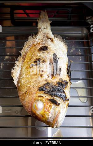 Vivaneau à cuire sur une cuisinière à gaz Banque D'Images