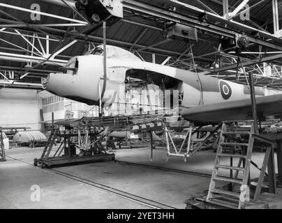 Ligne de production en usine du de Havilland DH.98 Mosquito's, un avion de combat bimoteur britannique multirôle, introduit pendant la seconde Guerre mondiale. Inhabituel en ce que sa cellule a été construite principalement en bois et surnommée la «merveille en bois», ou «Mossie». Conçu à l'origine comme un bombardier rapide non armé, l'utilisation du Mosquito a évolué pendant la guerre dans de nombreux rôles, y compris bombardier tactique diurne à moyenne altitude, bombardier nocturne à haute altitude, pathfinder, chasseur diurne ou nocturne, chasseur-bombardier, intrus, attaque maritime et avion de reconnaissance photographique. Banque D'Images
