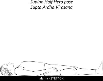 Croquis d'une jeune femme pratiquant la posture de yoga Supta Ardha Virasana. Posture du héros en décubitus dorsal ou posture de la demi-selle. Illustration vectorielle isolée. Illustration de Vecteur