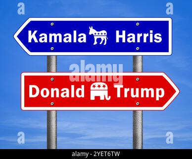 Kamala Harris contre Donald Trump - concept de signalisation routière Banque D'Images