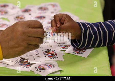 Baltimore, États-Unis. 31 octobre 2024. 31 octobre 2024, Baltimore City, Maryland, États-Unis. De très longues files de personnes attendant de voter la dernière nuit du vote anticipé à l'élection présidentielle de 2024. Tous les électeurs en ligne à 20 heures HNE allaient voter. Certaines personnes portaient des costumes d'Halloween. Beaucoup de gens ont amené leurs enfants à témoigner de cette élection historique où les sondages sont très proches. (Photo de Robyn Stevens Brody/Sipa USA) crédit : Sipa USA/Alamy Live News Banque D'Images