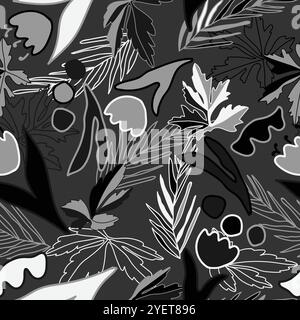 motifs floraux sans couture. Plantes de prairie, feuilles, feuilles et fleurs. Impression complète. Collage botanique dans un style plat moderne. impression noir et blanc. Illustration de Vecteur