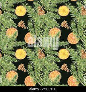 Pommes de pin, tranches d'orange et branches d'épinette avec des aiguilles vertes disposées dans un motif aquarelle sans couture. Parfait pour concevoir des textiles festifs, des emballages cadeaux de vacances et des produits de décoration intérieure Banque D'Images