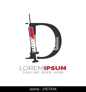 Conception du logo d'injection lettre D. Illustration de l'icône de seringue alphabet D. Illustration de Vecteur