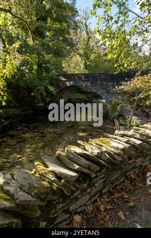 Pont Elterwater sur le Great Langdale Beck dans le village d'Elterwater dans le Lake District, Cumbria, Angleterre. Banque D'Images