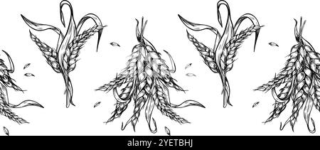 Bordure sans couture de l'épi de blé de bouquet avec herbe sèche et grains noir blanc vecteur graphique isolé. Seigle Spikelet, tiges d'orge monochromes dessinées à la main Illustration de Vecteur