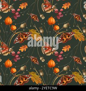 Monarque papillon, feuilles de chêne, bulbes de pavot, motif physalis. Automne vintage imprimé sans couture avec fond beige. Pour tissu d'automne, décor, emballage Banque D'Images