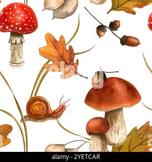 Escargot d'automne, champignons, glands, texture des feuilles. Modèle sans couture d'aquarelle d'automne avec fond blanc pour les événements de saison, papier peint, tissu, backgrou Banque D'Images