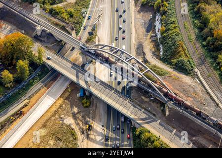 Luftbild, Autobahnbrücke am Baustelle Autobahnkreuz Herne, Autobahn A43 und Autobahn A42, Baukau, Herne, Ruhrgebiet, Rhénanie-du-Nord-Westphalie, Deutschland ACHTUNGxMINDESTHONORARx60xEURO *** vue aérienne, pont routier sur le chantier de la jonction autoroutière Herne, autoroute A43 et autoroute A42, Baukau, Herne, région de la Ruhr, Rhénanie du Nord-Westphalie, Allemagne ACHTUNGxMINDESTHONORARx60xEURO Banque D'Images