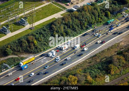 Luftbild, Großbaustelle Autobahnkreuz Herne, Stau auf der Autobahn A43, Baustelle mit Verkehrsregelung, Baukau-West, Herne, Ruhrgebiet, Nordrhein-Westfalen, Deutschland ACHTUNGxMINDESTHONORARx60xEURO *** vue aérienne, grand chantier à l'échangeur de Herne, embouteillage sur l'autoroute A43, chantier avec contrôle de la circulation, Baukau Ouest, Herne, région de la Ruhr, Rhénanie du Nord-Westphalie, Allemagne ATTENTIONxMINDESTHONORARx60xEURO Banque D'Images