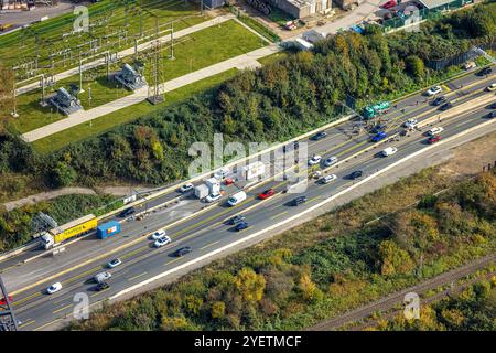 Luftbild, Großbaustelle Autobahnkreuz Herne, Stau auf der Autobahn A43, Baustelle mit Verkehrsregelung, Baukau-West, Herne, Ruhrgebiet, Nordrhein-Westfalen, Deutschland ACHTUNGxMINDESTHONORARx60xEURO *** vue aérienne, grand chantier à l'échangeur de Herne, embouteillage sur l'autoroute A43, chantier avec contrôle de la circulation, Baukau Ouest, Herne, région de la Ruhr, Rhénanie du Nord-Westphalie, Allemagne ATTENTIONxMINDESTHONORARx60xEURO Banque D'Images