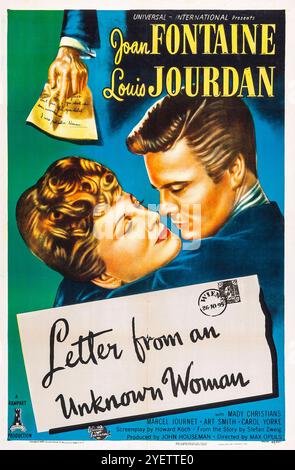 Lettre d'une femme inconnue, affiche de film, Universal 1948 - Joan Fontain, Louis Jourdan Banque D'Images