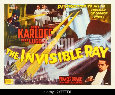 Affiche de film vintage pour le film de 1936 The invisible Ray. Le film a été réédité en 1948 par RealArt Pictures. Boris Karloff, Bela Lugosi. Banque D'Images