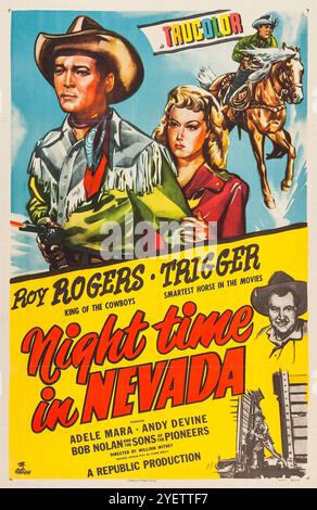 Affiche de film vintage pour le film occidental de 1948 Night Time in Nevada - mettant en vedette Roy Rogers et le cheval intelligent Trigger Banque D'Images