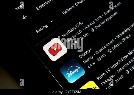 1er novembre 2024, Brésil. Dans cette illustration photo, le logo de l'application YouTube Kids, Disney plus et Pluto TV est affiché sur l'écran d'un smartphone. Banque D'Images