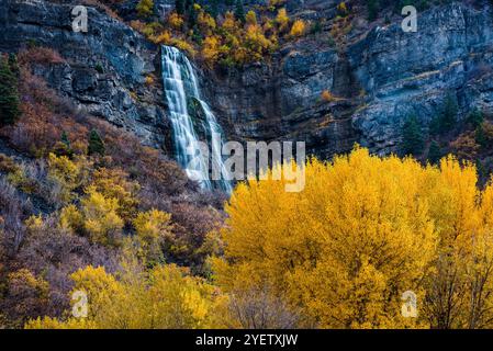 La belle rivière Provo à la fin de l'automne. La pêche, le kayak, le canoë et la randonnée font partie de ce ruisseau bleu. Banque D'Images