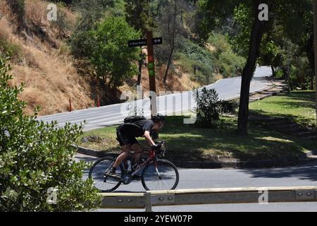 Courbe rapide tout en faisant du vélo de route en descente sur une journée d'été parfaite. Banque D'Images