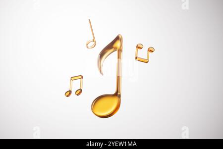 Notes de musique en verre doré avec fond blanc, rendu 3D. Illustration 3D. Banque D'Images