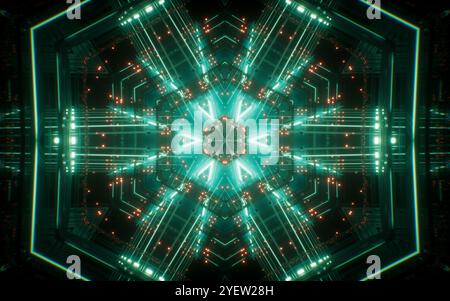 Motif abstrait de kaléidoscope néon avec effets lumineux, rendu 3D. Illustration 3D. Banque D'Images