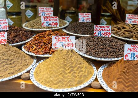 Venise, Vento – IT – Oct 14, 2024 un éventail d'épices colorées, y compris le curry, le poivre de Cayenne et le piment de piment, sont exposés dans des monticules sur des assiettes avec h. Banque D'Images