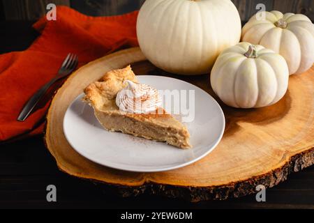 Tranche de tarte à la citrouille blanche avec crème fouettée et citrouilles blanches : tarte tranchée sur une petite assiette avec garniture fouettée et saupoudrées de cannelle Banque D'Images