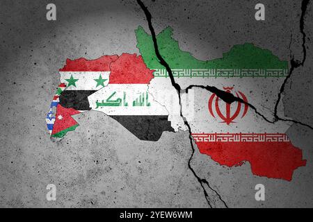 Drapeaux d'Israël, du Liban, de Jordanie, du raq et de l'Iran peints sur un mur de béton Banque D'Images