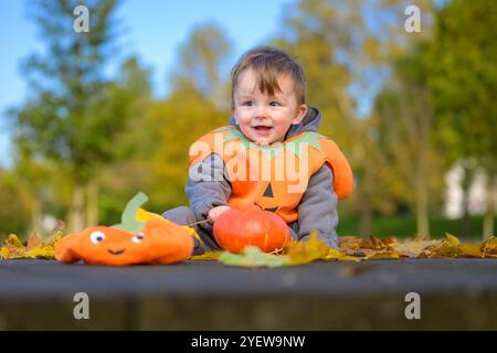 Un jeune enfant joyeux vêtu d'un costume sur le thème de la citrouille est assis sur une plate-forme en bois entourée de feuilles d'automne et de petites citrouilles. Banque D'Images