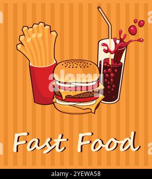 Modèle Burger Flyer Design avec soda et frites. Conception vectorielle pour bannière, affiche, flyer, couverture, menu, brochure. Illustration de Vecteur
