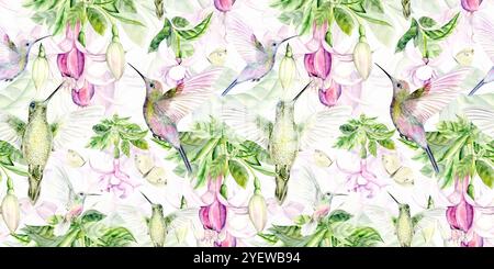 Motif sans couture sur un fond vert d'oiseaux de colibris et de fleurs de fuchsia. L'illustration de l'aquarelle est dessinée à la main, adaptée au design d'intérieur, à la papeterie et aux textiles Banque D'Images