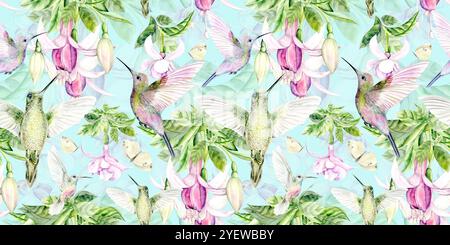 Motif sans couture sur un fond bleu d'oiseaux de colibris et de fleurs de fuchsia. L'illustration de l'aquarelle est dessinée à la main, adaptée au design d'intérieur, à la papeterie et aux textiles Banque D'Images