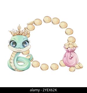 Un charmant serpent de dessin animé avec une couronne et sac rose avec des pièces de monnaie, vibrant et ludique, idéal pour les enfants accueillis Symbole richesse de Chines nouvel an 2025 dans mignon Illustration de Vecteur