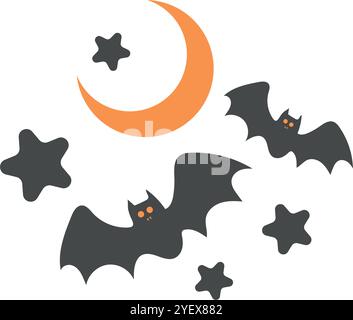 Chauves-souris d'Halloween, croissant de lune, et étoiles, Spooky Night Vector Illustration de Vecteur