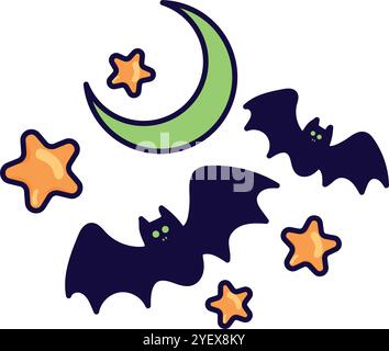 Chauves-souris d'Halloween, croissant de lune, et étoiles, Spooky Night Vector Illustration de Vecteur