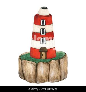 Phare rouge sur l'île. Élément Seascape isolé sur fond blanc. Illustration stylisée d'enfants à l'aquarelle dessinée à la main. Vieille mer Banque D'Images