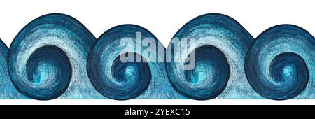Bordure sans couture aquarelle avec des vagues bleues. Lignes de mer ondulées abstraites isolées sur fond blanc. Illustration dessinée à la main tempête dans l'océan pour desig Banque D'Images