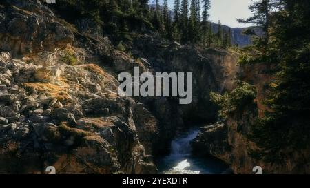 Un ruisseau qui se déplace rapidement déverse dans un étroit canyon en plein soleil, avec une cascade en arrière-plan Banque D'Images