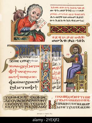 Manuscrits bibliques éthiopiens et coptes. Portrait de Luc avec taureau 1 et début de son évangile 2 des évangiles éthiopiens n° 14, Evangile de Marc 3, figure du Christ de l'évangile de Saint Jean en copte et arabe 4, Papyrus copte 5 et Lectionarium copte 6. Chromolithographie d'après une illustration par John Obadiah Westwood de sa propre Palaeographia Sacra Pictoria, étant une série d'illustrations des anciennes versions de la Bible, copiées à partir de manuscrits enluminés, William Smith, Londres, 1843. Banque D'Images