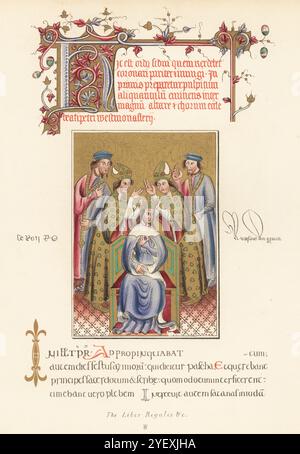 Tête illuminée et miniature du couronnement du roi Richard II entouré d'évêques et de courtisans en robes de couleur partiale, fond doré, du Liber Regalis de l'abbaye de Westminster, XIVe siècle. Lettres du Livre du couronnement de Reims ci-dessous. Chromolithographie d'après une illustration par John Obadiah Westwood de sa propre Palaeographia Sacra Pictoria, étant une série d'illustrations des anciennes versions de la Bible, copiées à partir de manuscrits enluminés, William Smith, Londres, 1843. Banque D'Images