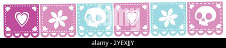 Bannière Papel picado avec des crânes et des fleurs en pastel, vecteur Illustration de Vecteur