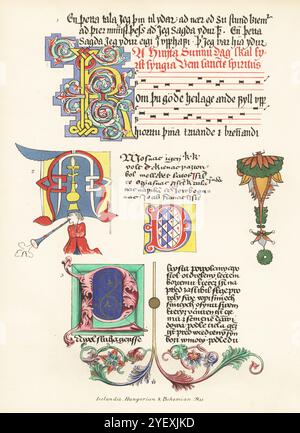 Manuscrits moesogothiques, islandais, hongrois et bohème. Version islandaise de St John's Gospel et Veni Creator avec notation musicale 1 du British Museum Additional MS 503, initiales d'une Bible hongroise MS à Vienne 2, et Bohème New Testament MS en Bodleian. Chromolithographie d'après une illustration par John Obadiah Westwood de sa propre Palaeographia Sacra Pictoria, étant une série d'illustrations des anciennes versions de la Bible, copiées à partir de manuscrits enluminés, William Smith, Londres, 1843. Banque D'Images