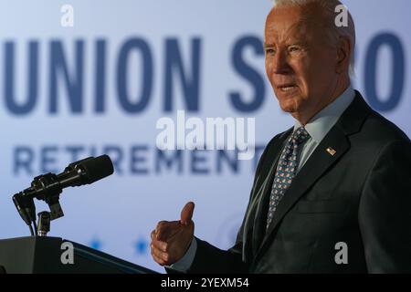 Philadelphie, États-Unis. 01 novembre 2024. Le président Biden prononce un discours sur le soutien historique de son administration aux syndicats à Philadelphie, en Pennsylvanie, le vendredi 1er novembre 2024. Photo de David Muse/UPI crédit : UPI/Alamy Live News Banque D'Images