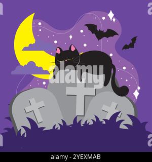 Chat noir dormant sur la pierre tombale avec la lune et les chauves-souris, vecteur Illustration de Vecteur