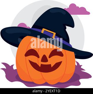 Joyeux jack-o -lanterne citrouille portant un chapeau de sorcière, Vector Illustration de Vecteur