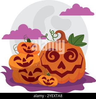 Citrouilles d'Halloween empilées avec jack-o-lanterne à yeux spiralés, vecteur Illustration de Vecteur