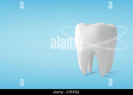 Vecteur 3D réaliste Healthy Shining Tooth isolé sur fond bleu. Concept de soins dentaires. Modèle de conception médicale, clipart, maquette. Odontologie Illustration de Vecteur