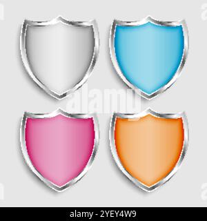quatre symboles ou icônes de bouclier métallique brillant Illustration de Vecteur