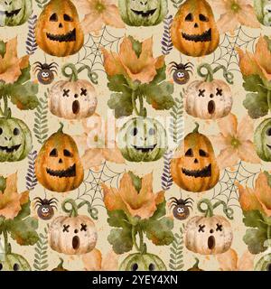 Un motif fantaisiste et coloré de citrouilles ludiques, parfait pour divers projets créatifs Halloweenthemed. Motif sans couture aquarelle pour l'impression sur tissu et papier. Banque D'Images