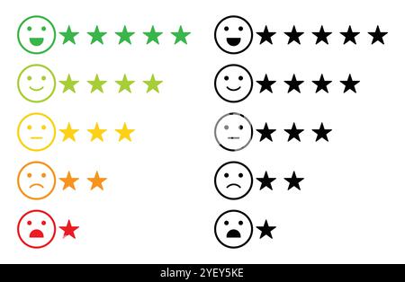 Icône de feedback emoji avec nombre d'étoiles. Les clients évaluent la collection vectorielle. Feedback star rating icône emoji isolé défini en couleurs. Emoji avec rat étoilé Illustration de Vecteur